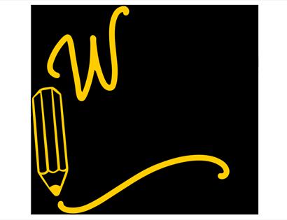 text with big yellow pencil says writing around the kids
