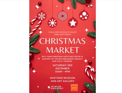 Red poster for Hastings Museum's Christmas Market. Text in description.