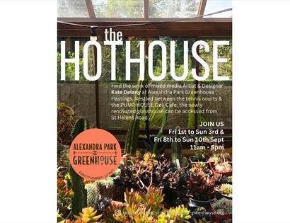 poster for hothouse. Show greenhouse with cacti.