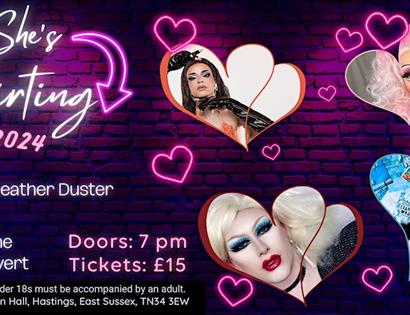 Poster for She's Flirting, shows portraits of drag artists within framed lovehearts.