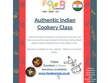 Indian cookery class poster. Mostly text, with a some illustrations of dishes and India flag. T