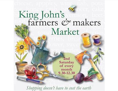 poster showing illustrations of watercan, scissors, flowers and vegetables. text says king john's farmers and makers market.
