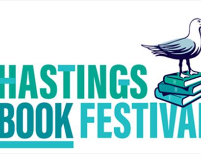 poster for hastings book festival with blue text and illustration of seagull standing on a stack of books.