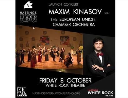 a black square poster for orchestral concert. text reads 'Maxim Kinasov, The European Chamber Orchestra'. Photographs show orchestra standing on a sta