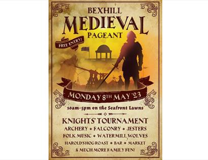 Poster for Bexhill Medieval Pageant. Mostly text as included in the main page description. Designed as if on old parchment. There is a reddish silhoue