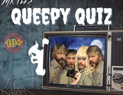 Poster for Mr Ted's Queepy Quiz. Shows cartoon ghost and four people within tv screen.