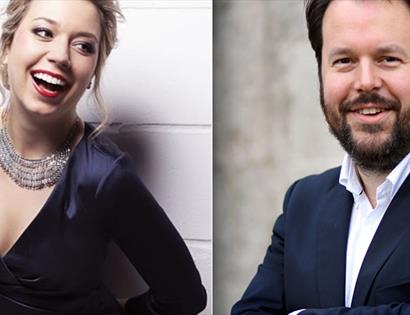 two photographs of musican. Woman on the  left in large necklace and blue dress. Man in blue suit.