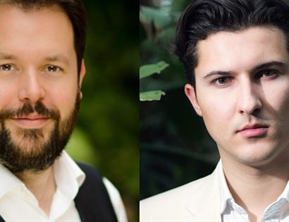two photographs, headshots of male musicians, shirt collars visible.