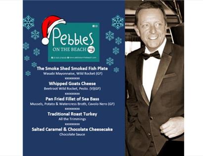 A poster for Pebbles on the Beach christmas singalong dining event