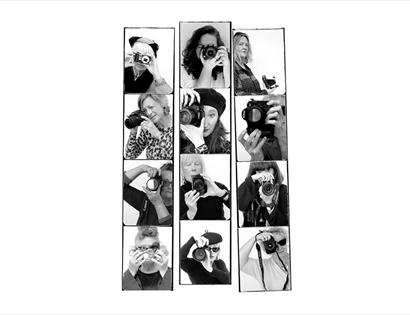 a composite image showing several women photographers holding cameras.