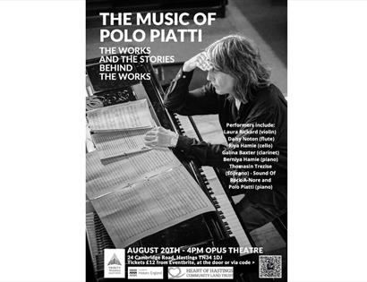 poster for polo piatti event. Shows photograph wiht white man with shoulder length hair sitting at piano, reading music sheets on top of piano.