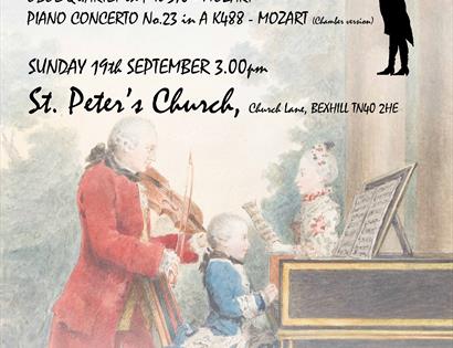 a poster for the sussex concert orchestra's september soiree. Offers same text as event listing. Background shows 18th centure print of family playing