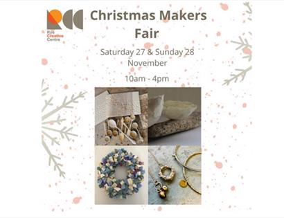 Poster for Christmas Maker's Fair in Rye, shows four photographs of ceramics, jewellery and a wreath