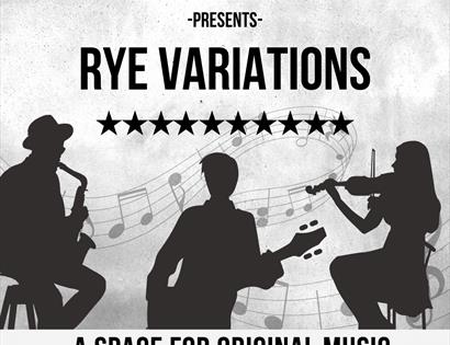 Poster for Rye Variations event at Brewery Yard Club rye. Shows musicians in silhouette.