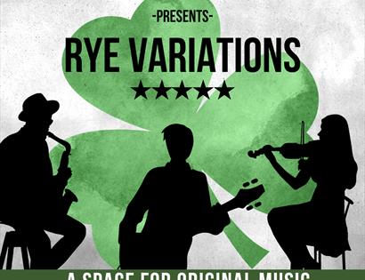 illustration poster with green shamrock shape in background and silhouette of musicians with guitar, saxophone and violin.