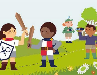 an illustrated graphic of children on grass playing with swords, one holds a shield and the other wears a cloak. In the background are two other peopl