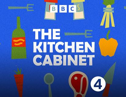 Image description: text reads 'BBC - The Kitchen Cabinet' with the logo for BBC Radio 4. The background is a  bright blue with animations of a pepper,