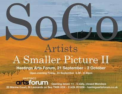 a landscape format poster with text over brushstroke background, bottom half orange, top half blue. Text says SoCo Artists,  a smaller picture 2, at H