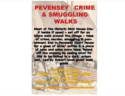 Poster full of text. This is repeated in the main description. In the background is a sketch of smugglers lifting cargo off a wooden boat.
