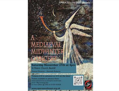 A poster for A Mediaeval Midwinter Concert at St Peters Church.