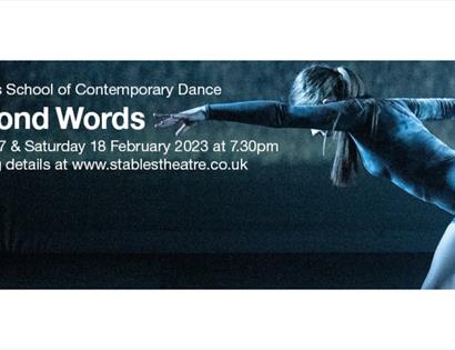 Poster for beyond words. Shows female dancer in one legged pose against dark background.
