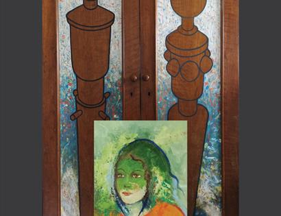 poster for Hastings Arts Forum exhibition. Shows painted wardrobe doors sand painting of a green woman.