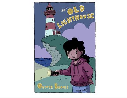 cartoon illustration with girl wearing hoodie holding a torch, with a lighthouse in the background. Text title says The Old Lighthouse.