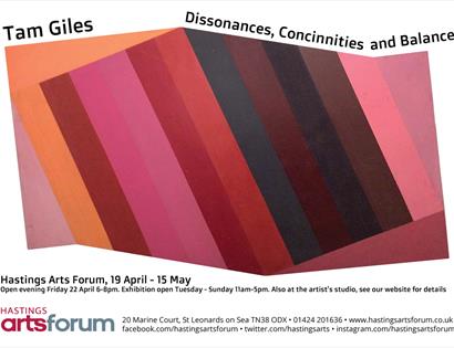 poster for tam giles exhibition with stripes in shades red, pink, orange and brown
