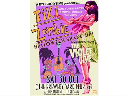 A yellow and pink poster for a tiki halloween night with an illustration of a hula girl.
