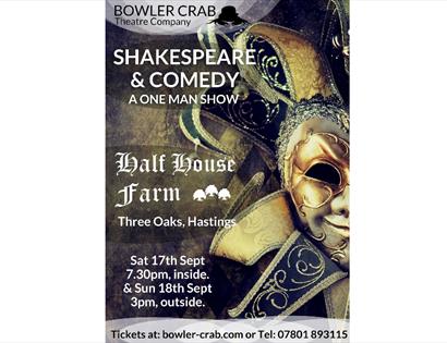 poster for shakespeare and comedy event at half house farm in hastings. shows a jester's mask.