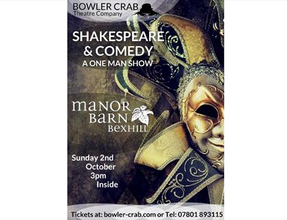 poster for shakespeare and comedy at manor barn bexhill. shows photograph of jesters mask.