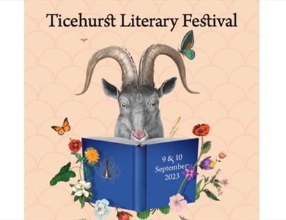 Poster for Ticehurst Literary Festival. Shows an illustration of a ram reading a book.