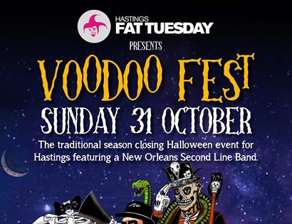 a post with a night sky background for Voodoo Fest. Bottom shows a cartoon skeleton in a hat.