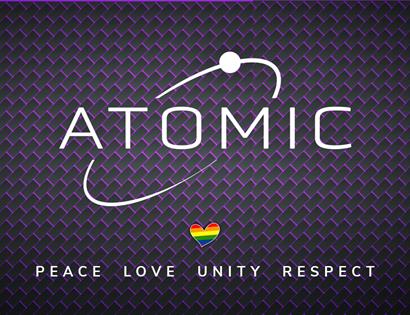 Bluish poster with the logo 'Atomic' in white, with an orbiting planet motif. At the bottom of the poster is a rainbow heart above four words: Peace,