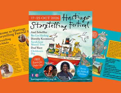 Promotional artwork for Hastings Storytelling Festival 2026 featuring event programme pages and illustrated characters.