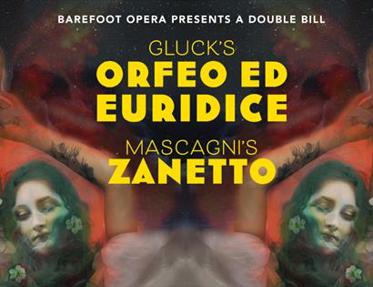 A poster for a double-bill opera performance in St Leonards by Barefoot Opera. Yellow text on a painted backgroun with white flowers and a woman's fac