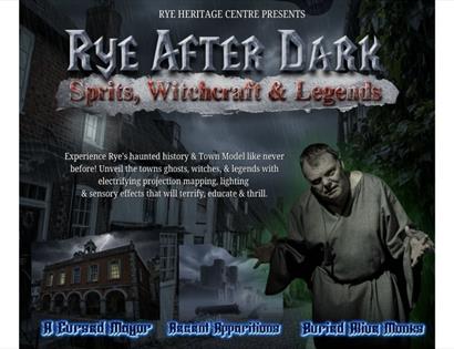 Image is a poster for Rye After Dark that shows animations of Rye at night time, with a spooky feel and a person who looks haunted. It reads: 'Rye Aft