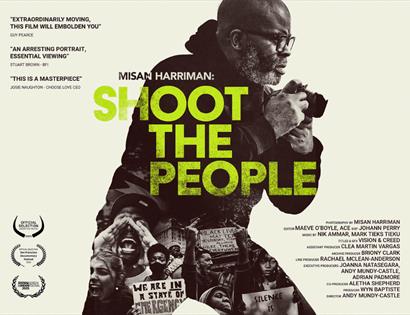Dark, textured poster with the words “Shoot the People” in bold, worn red type taking up the majority of the page. The style is stark and moody, evoki