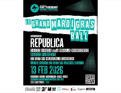 he Hastings Fat Tuesday Music Festival. The design features a black background with bold turquoise and white text. At the top left, the festival logo