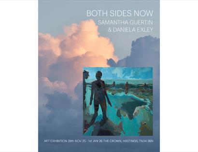 Minimal poster for an art exhibition. Large pale text at the top says “BOTH SIDES NOW,” followed by “Samantha Guertin & Daniela Exley.” Background sho