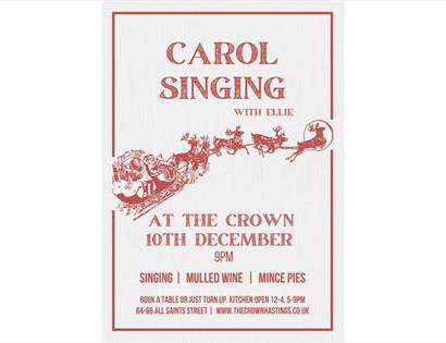 Poster for Carol Singing at The Crown on 10 Dec, featuring Santa’s sleigh and event details.