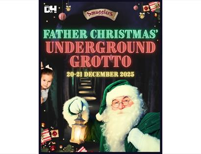 Promotional graphic for a holiday event. Foreground: Father Christmas in green, smiling and lifting a lantern. Background: narrow underground hallway