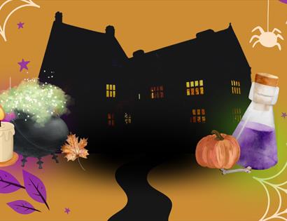 Image shows a cartoon image of Michelham priory decorated for Halloween with spiders webs, pumpkins and candles