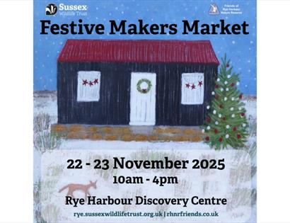 Event flyer with a hand-painted winter scene: a dark hut with a red roof sits in snow; door has a wreath, windows with star motifs, and a lit Christma