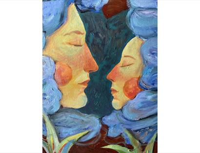 Picture shows a piece of Anya Kopach art of two faces facing each other