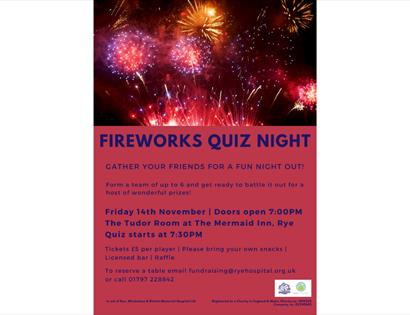 Image shows a picture of fireworks exploding in the sky in bright colours (purple, red, orange and yellow). Text reads 'Firework quiz night', gather y
