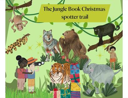 Image is an animation drawing of different animals including a brown monkey, a wolf, a snake, a brown bear, a tiger and an elephant as well as 2 peopl