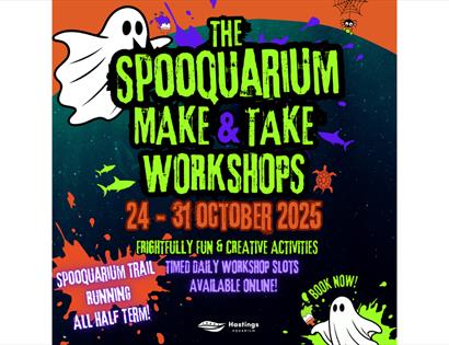 Image reads: 'THE SPOOQUARIUM - MAKE & TAKE WORKSHOPS - 24-31 OCTOBER 2025 - FRIGHTFULLY FUN & CREATIVE ACTIVITIES - TIMES DAILY WORKSHOP SLOTS - AVAI
