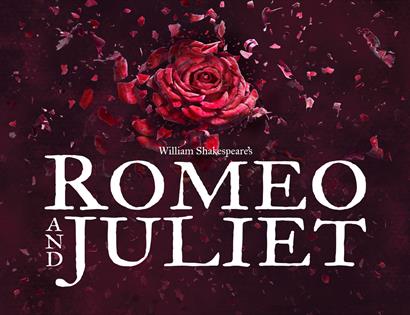 Poster dark red background with red rose in centre. Overlaid white text reads "Romeo & Juliet".