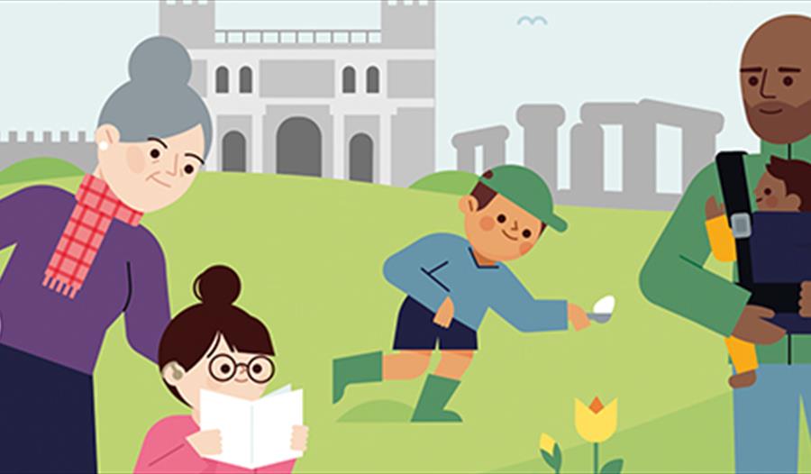 illustrated graphic image of a multigenerational family on grass in front of a castle structure.